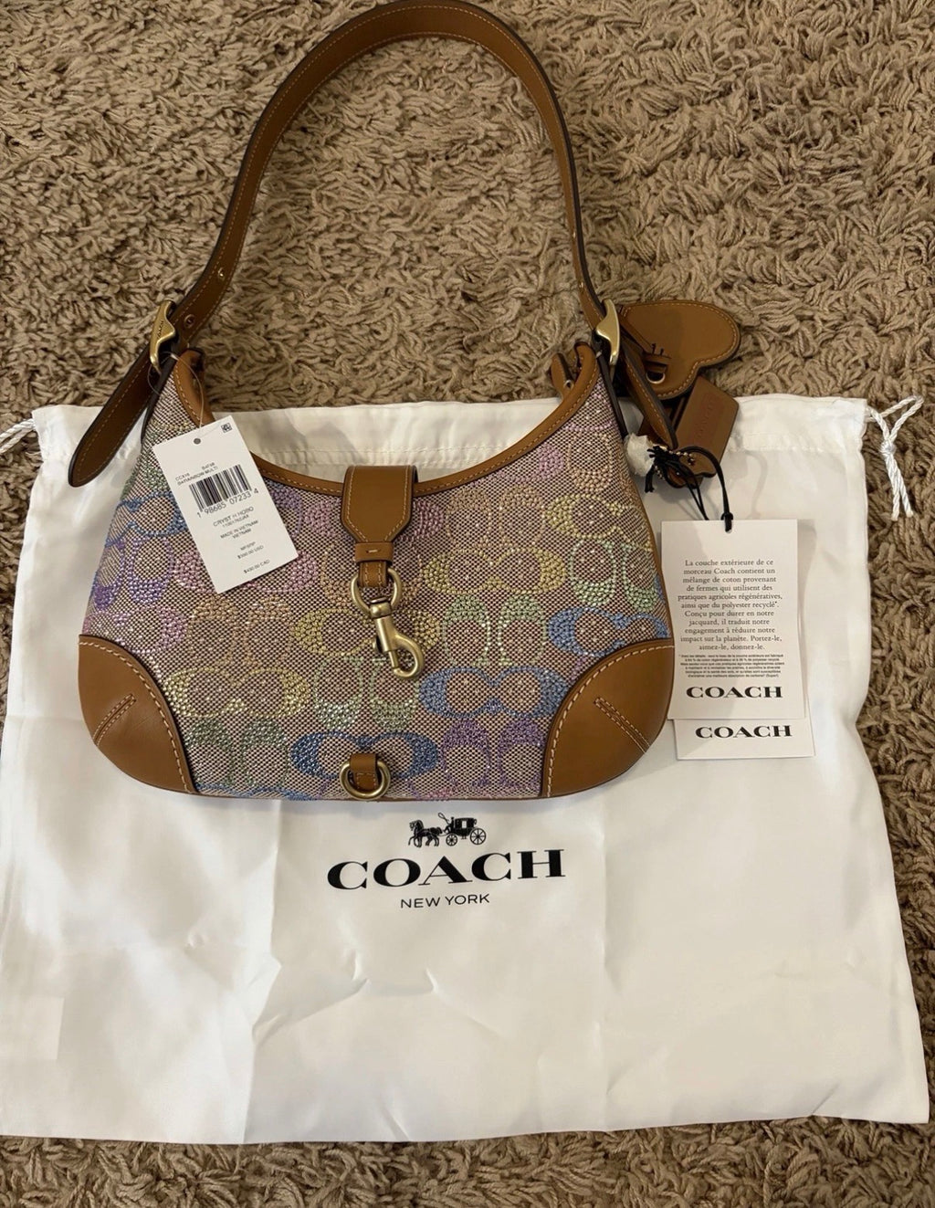 COACH Hamptons Medium Rainbow Crystal Signature Jacquard Hobo Bag 🩷💛🩵