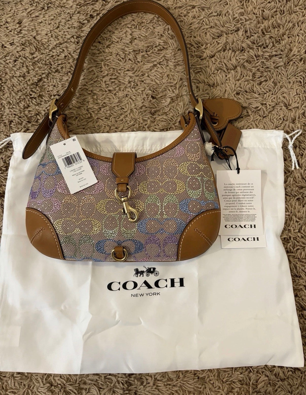 COACH Hamptons Medium Rainbow Crystal Signature Jacquard Hobo Bag 🩷💛🩵