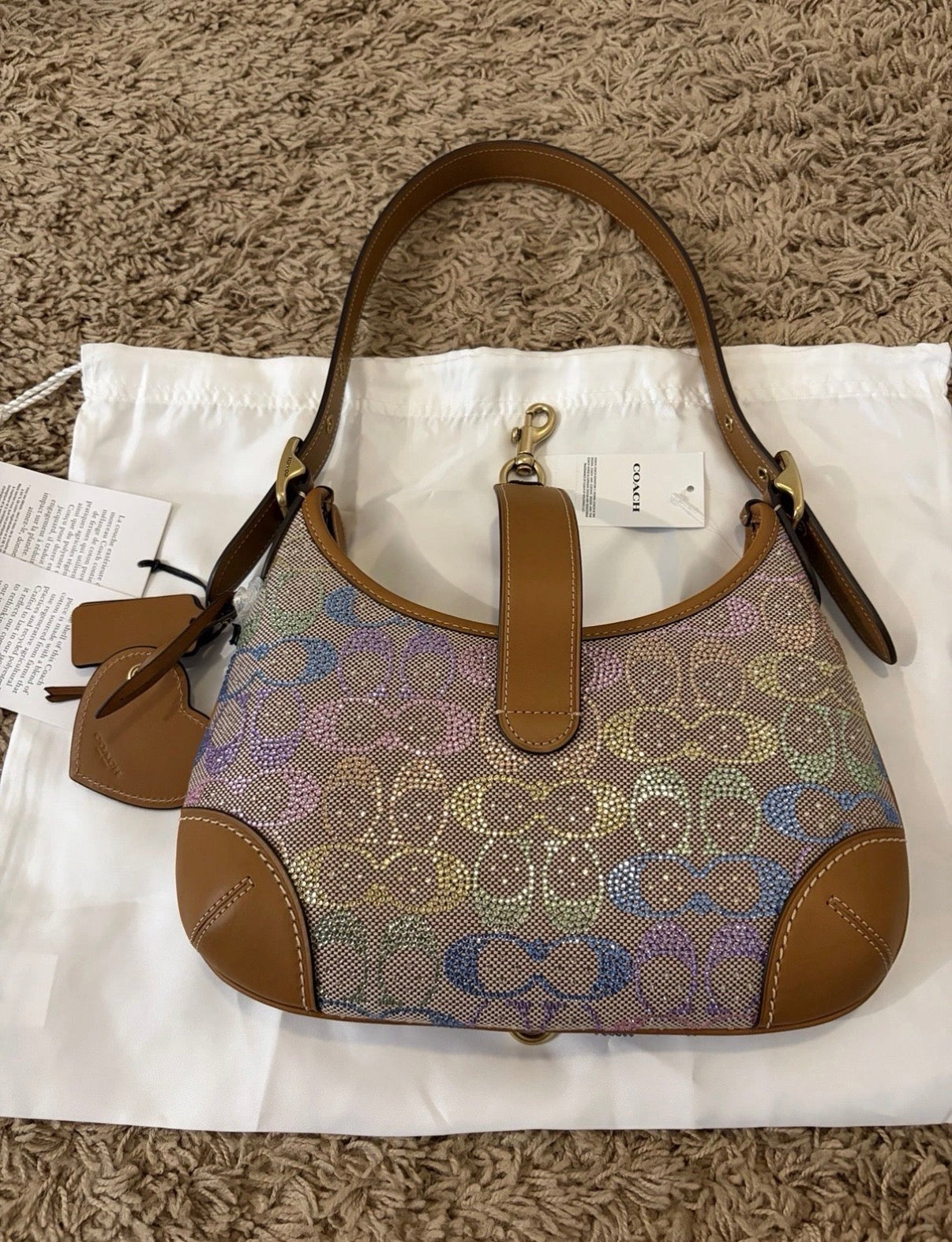 COACH Hamptons Medium Rainbow Crystal Signature Jacquard Hobo Bag 🩷💛🩵