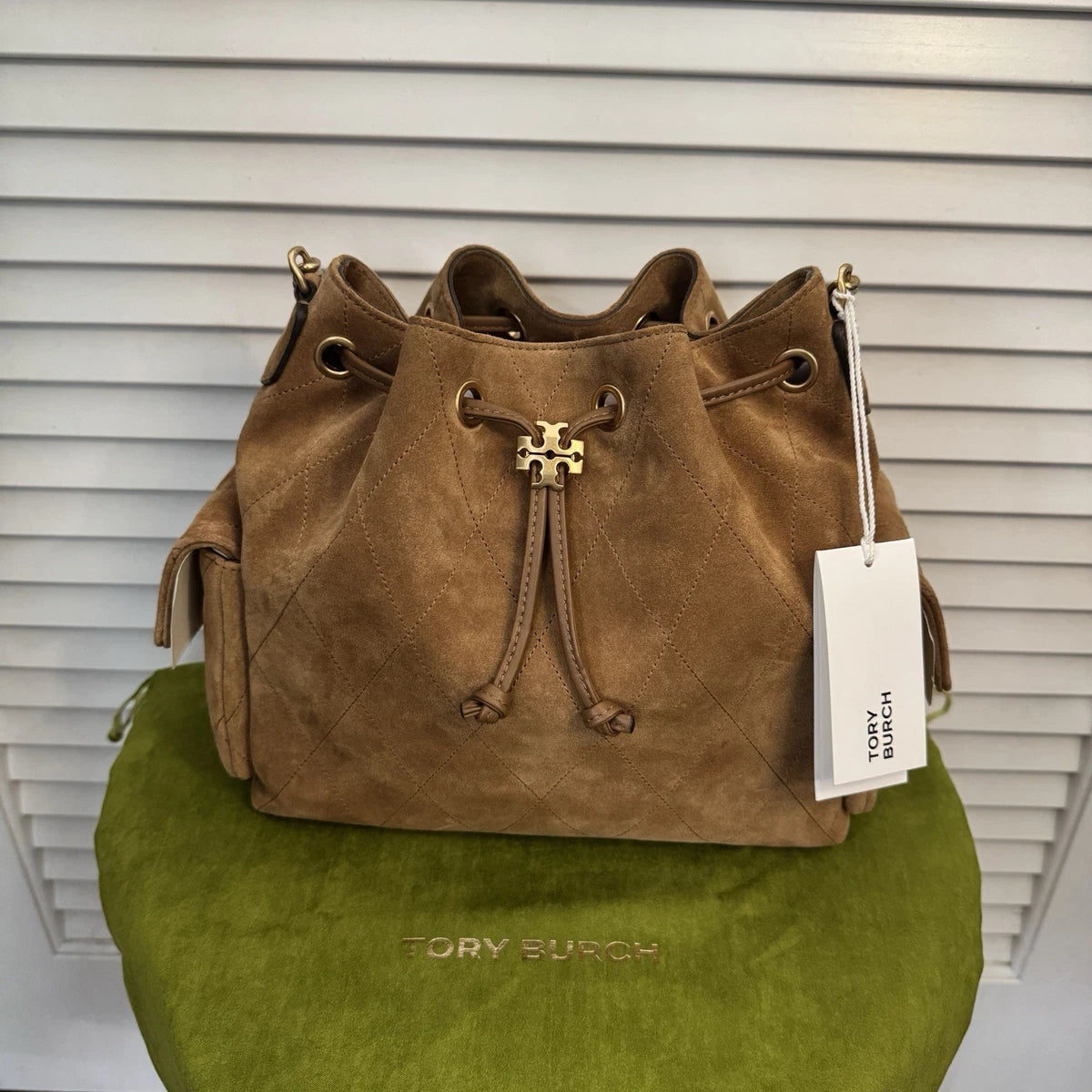 Tory Burch Quilted Suede Bucket Bag – Camel Brown